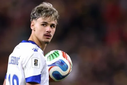 CARDIFF, WALES - MARCH 26: Kerim Alajbegovic of Bosnia and Herzegovina looks on during the FIFA World Cup 2026 European Qualifiers KO play-off match between Wales and Bosnia and Herzegovina at Cardiff City Stadium on March 26, 2026 in Cardiff, Wales. (Photo by Warren Little/Getty Images)